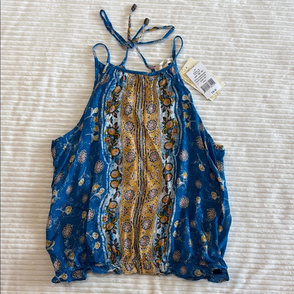 Rewind Boho Halter Spaghetti Strap Blue Gold Sleeveless Tank Top XS NWT
